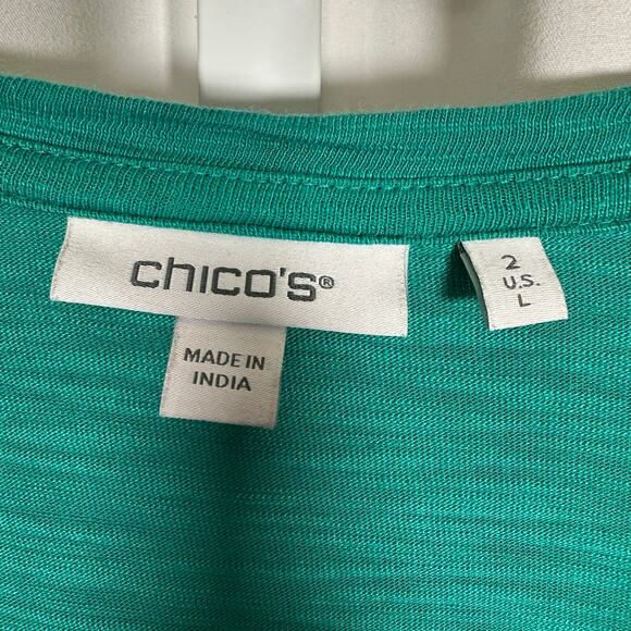Chico's Cotton Slub Puff Sleeve Tee Bright Green 2 US L Summer Closet Staple‎ - Picture 2 of 8